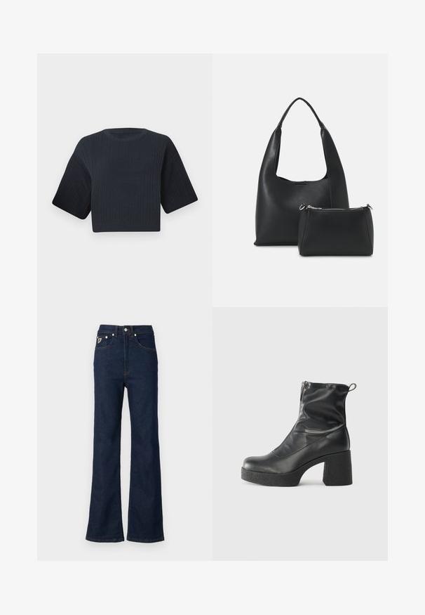 Suéter de malha cropped em azul marinho escuro com textura canelada, mangas curtas largas e decote redondo. Design simples, sem padrões ou acentos visíveis.; Jeans de brim azul escuro com corte flare, apresentando uma cintura alta, cinco bolsos e costura laranja em contraste. Inclui fecho com botão de metal.; Botas de tornozelo pretas feitas de couro liso, com fecho lateral, salto grosso texturizado e design de bico arredondado.; Even&Odd Mala de mão - black