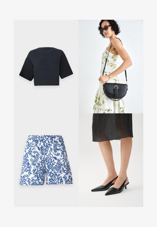 Sötét tengeri kék, rövid fazonú, kötött pulóver bordás textúrával, rövid, széles ujjal és kerek nyakkivágással. Egyszerű dizájn, nincsenek látható minták vagy díszítések.; Fehér anyagú, kék korall mintás nyomtatott rövidnadrág. Rugalmas derékpánt, laza illeszkedés és sima textúra.; Fekete hegyes orrú szandálcipők fényes felülettel, vékony sarkal és nyitott hátsó kialakítással. Textúrázott minta a felső anyagon.; Fekete bőrtáska ívelt formával, levehető pánttal és arany színű fémrészekkel. A táskán egy csattal díszített fedél található.