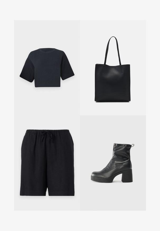 Mørk marineblå cropped strikkegenser med ribbet tekstur, korte vide ermer og rund hals. Enkel design, ingen synlige mønstre eller detaljer.; Sorte shorts laget av lett stoff med elastisk linning og snøring. Har et enkelt design og knelangt kutt.; Svarte ankelstøvler laget av glatt lær, med glidelås på siden, chunky strukturert hæl, og rund tå-design.; Svart lær tote bag med glatt tekstur, rektangulær form og to lange håndtak. Ingen synlige deler eller dekorasjoner.