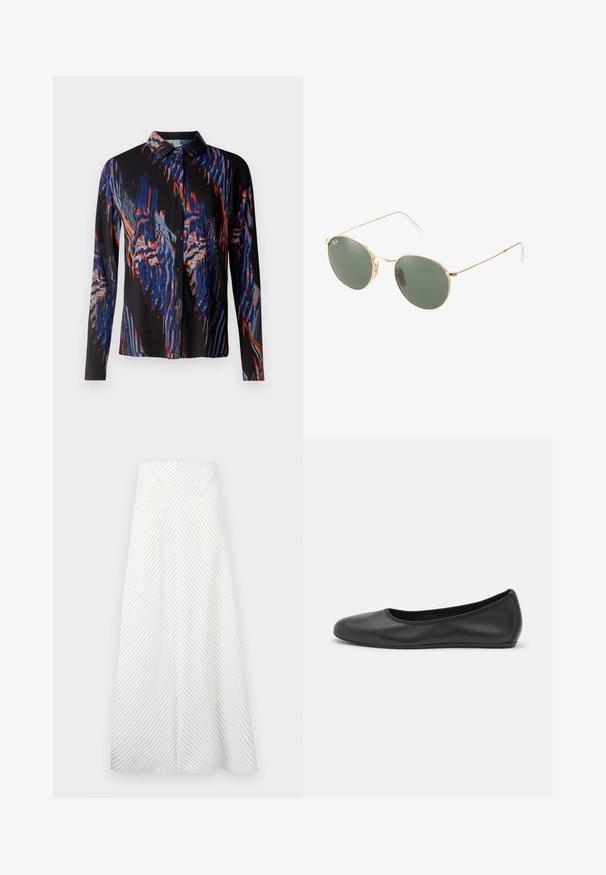 Camisa negra de manga larga con un vibrante patrón abstracto en azul, rojo y blanco. Presenta un cuello y un cierre frontal con botones. Tejido texturizado.; Falda blanca con rayas diagonales en navy, diseño fluido y textura suave. Cuenta con una cintura alta y una forma A amplia.; Bailarina de piel negra con punta redondeada, textura suave, detalle de costura minimalista y diseño de suela flexible.; Gafas de sol con marco de metal dorado, lentes verdes, forma redonda, patillas delgadas y acentos de plástico blanco en las puntas de las varillas.