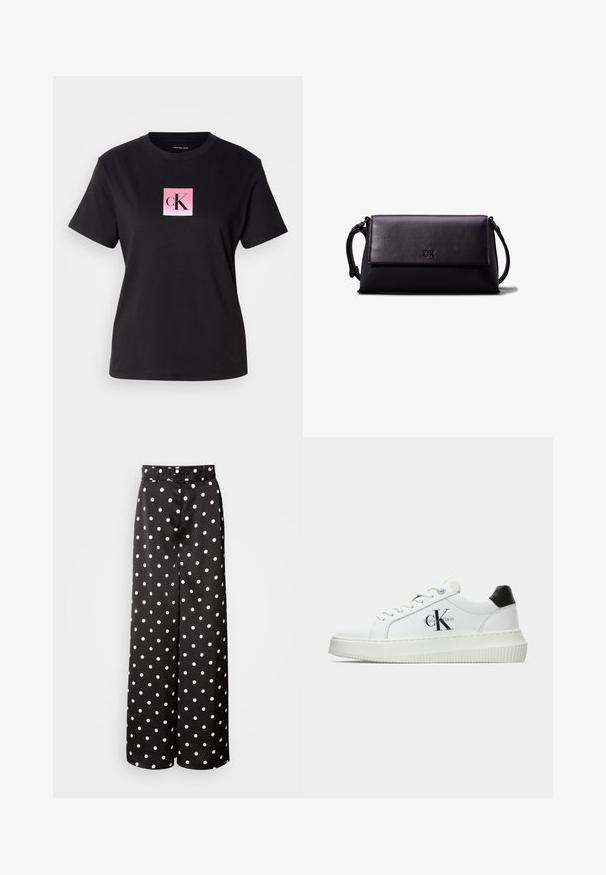 Czarna bawełniana koszulka z krótkim rękawem, z okrągłym dekoltem, z różowym gradientowym logo w kształcie kwadratu na środku, z napisem "cK" w czarnym foncie.; Czarne spodnie typu wide-leg z paskiem, wykonane z gładkiego materiału z białym wzorem w kropki na całej powierzchni.; Białe sneakersy typu low-top z czarnym paskiem na pięcie, platformą, sznurowadłami i logo "CK" marki Calvin Klein na boku.; Czarna skórzana kopertówka o prostokątnym kształcie, gładkiej fakturze, płaskim zapięciu na klapę i małym uchwycie z boku. Posiada subtelne logo.; Calvin Klein - Kolczyki