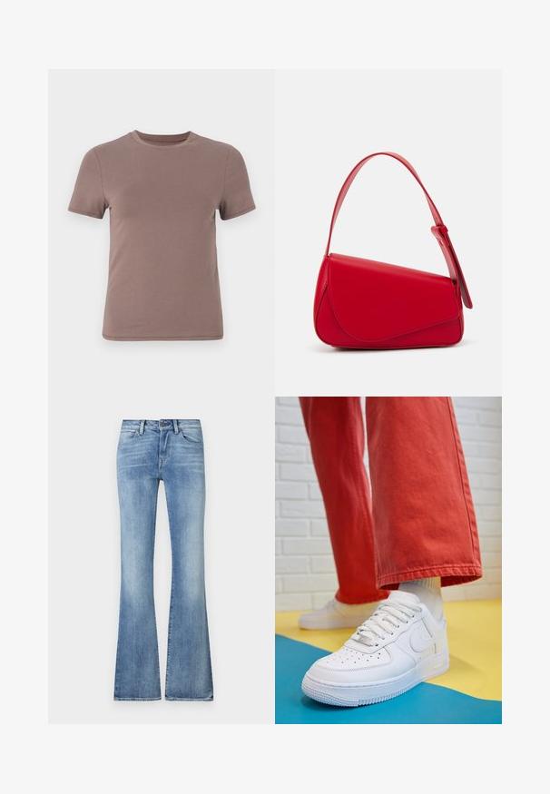 T-paita lyhyillä hihoilla hillityn ruskeana, valmistettu sileästä puuvillasta, jossa on tyylikäs pyöreä pääntie ja vähäiset sauman yksityiskohdat.; Vaaleansiniset levenevät farkut, jotka on valmistettu denimistä. Niissä on klassinen viiden taskun muotoilu, nappisulku ja hienovarainen kuluminen edessä.; Valkoinen nahkakengät, joissa on rei'itetty varvasosa, teksturoitu pohja ja valkoiset nauhat, yhdistettynä leveisiin punaisiin housuihin ja sinikeltaiseen taustaan.; Punainen nahkalaukku, jossa on kulmikas, geometrinen muotoilu. Varustettu yhdellä säädettävällä hihnalla ja läpällä, jossa on ommeltu yksityiskohtia.