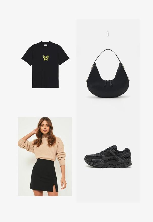 Svart bomulls t-shirt med en liten, gul flammönstrad fjärilsgraphic på bröstet. Rundad halsringning, korta ärmar.; Beige stickad tröja med ribbade manschetter, tillsammans med en svart miniskirt med en sidoklyvning. Outfiten har en avslappnad men ändå figurnära silhuett.; Svart träningsskor med ovandel i mesh, gummisula och texturerade detaljer. Designen inkluderar ett framträdande snörningssystem och en vadderad sula.; Svart läderhandväska med en böjd form, dragkedjestängning, två svarta fransar och silverfärgade detaljer, inklusive en unik fästdetalj.