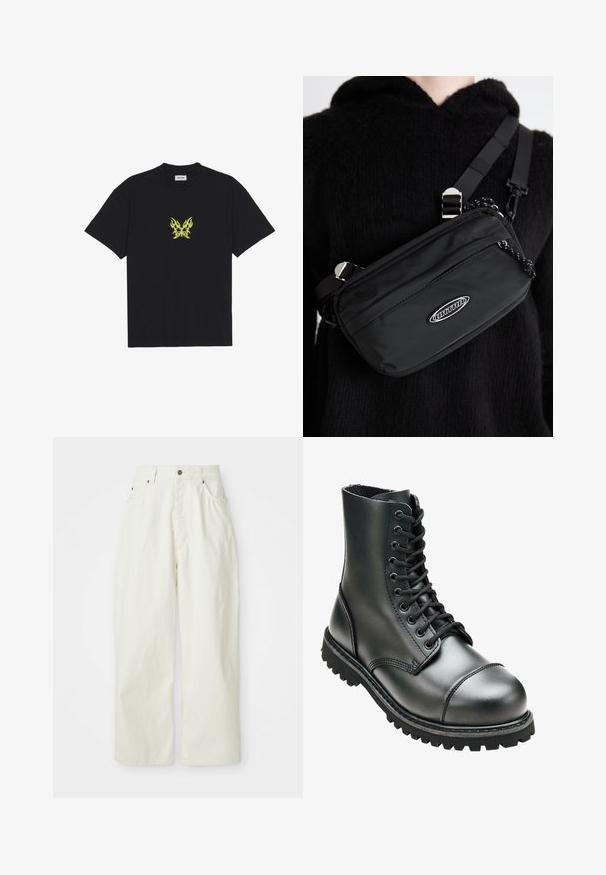 Sort bomull T-skjorte med et lite, gult flamme-mønster av en sommerfugl på brystet. Rund hals, korte ermer.; Hvite vide bukser laget av bomull, med høy midje, fem lommer og metallknapplukking. Glatt tekstur med minimalistisk design.; Svart lærkamp støvel med høy ankel, rund tå, snøring foran og robust gummisåle med dyp mønstring for godt grep.; Svart nylon crossover-veske med justerbar stropp, med en jevn tekstur, en frontlomme med glidelås, og en logo-detalj.