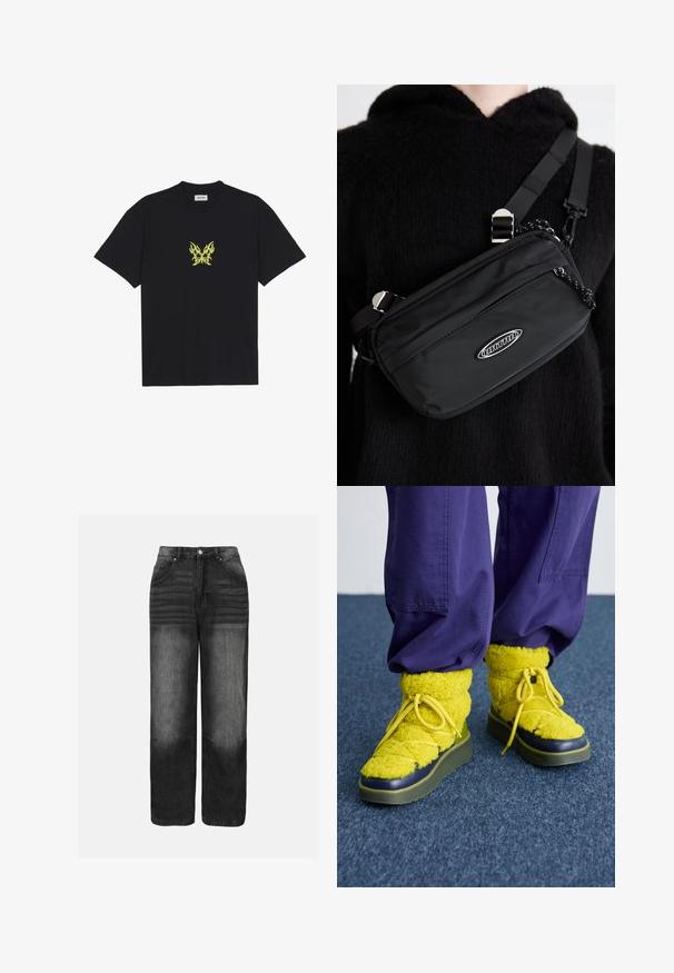 Camiseta de algodón negra con un pequeño gráfico de mariposa con patrón de llamas amarillas en el pecho. Cuello redondo, mangas cortas.; Jeans de mezclilla negra con efecto desgastado, con una cintura alta, diseño de cinco bolsillos y corte recto. Se pueden ver detalles en metal y costuras.; Botas amarillas y esponjosas con punta redonda, tejido texturizado y suela de goma verde. Presentan cordones amarillos y un acento azul marino alrededor de la punta.; Bolso bandolera negro de nailon con correa ajustable, que presenta una textura suave, un bolsillo frontal con cremallera y un acento de logo.
