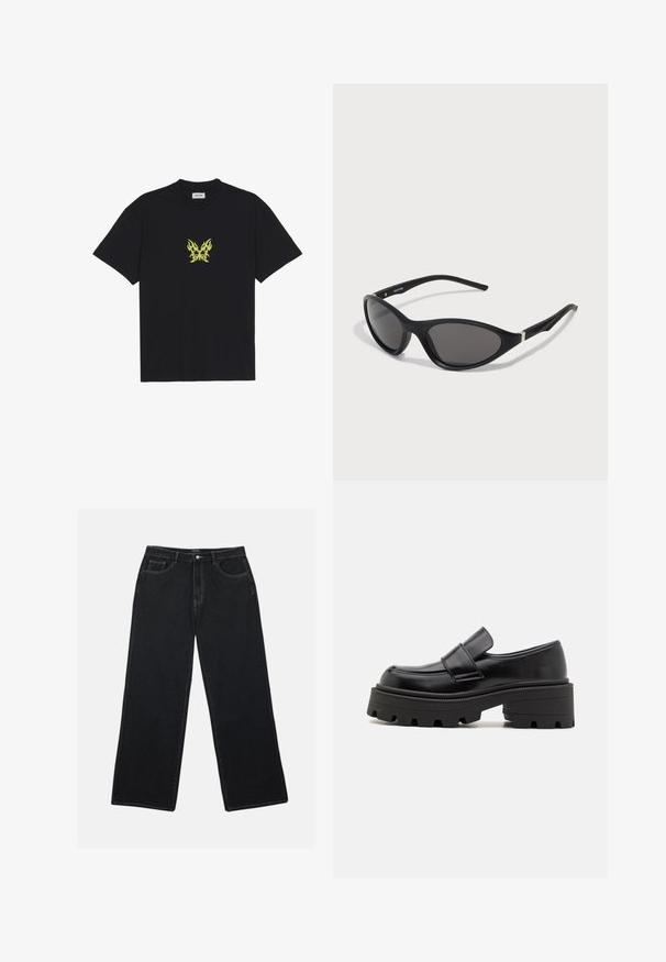Crna pamučna majica s grafikom leptira u malom žutom plamenu na prsima. Okrugli izrez, kratki rukavi.; Crne široke traperice imaju visok struk, prednje džepove i kontrastne šavove. Tkanina ima glatku, blago teksturiranu površinu.; Crne kožne mokasine s masivnom gumenom potplatom, s podignutom platformom i trakicom preko gležnja. Glatka površina i okrugli oblik.; Crne mačke naočale s elegantnim, mat okvirima, tamnim lećama i srebrnim detaljima na sljepoočnicama. Moderni dizajn s oštrim oblikom.