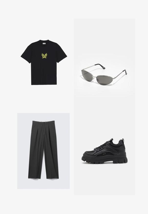 Sort bomull T-skjorte med et lite, gult flamme-mønster av en sommerfugl på brystet. Rund hals, korte ermer.; Grå, vide bukser med plisseringer. Laget av et glatt stoff, har frontknapplukking og beltehemper. Flat frontdesign.; Sorte chunky sneakers med en blanding af læder og mesh materialer, en tyk sål, snørebåndsdesign og en pull tab bagpå.; Solbriller med en slank, sølvmetallisk ramme, gråtonede linser og et aerodynamisk design med spisse kanter og tynne armer.; Svart nylon crossover-veske med justerbar stropp, med en jevn tekstur, en frontlomme med glidelås, og en logo-detalj.