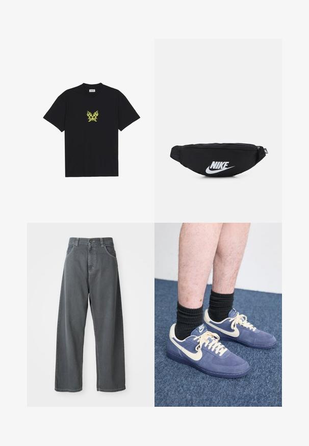 Black cotton t-shirt featuring a small, yellow flame-patterned butterfly graphic on the chest. Crew neckline, short sleeves.; Gray denim wide-leg pants with a high waist, featuring front pockets, belt loops, and a button closure at the waistband.; Nike sneakers with a dark blue suede upper and cream accents. Features flat laces, a rounded toe, and a rubber sole. Black ribbed socks worn.; Black nylon fanny pack with a zippered closure, featuring a large white Nike logo. Smooth texture and ergonomic design for comfortable wear.