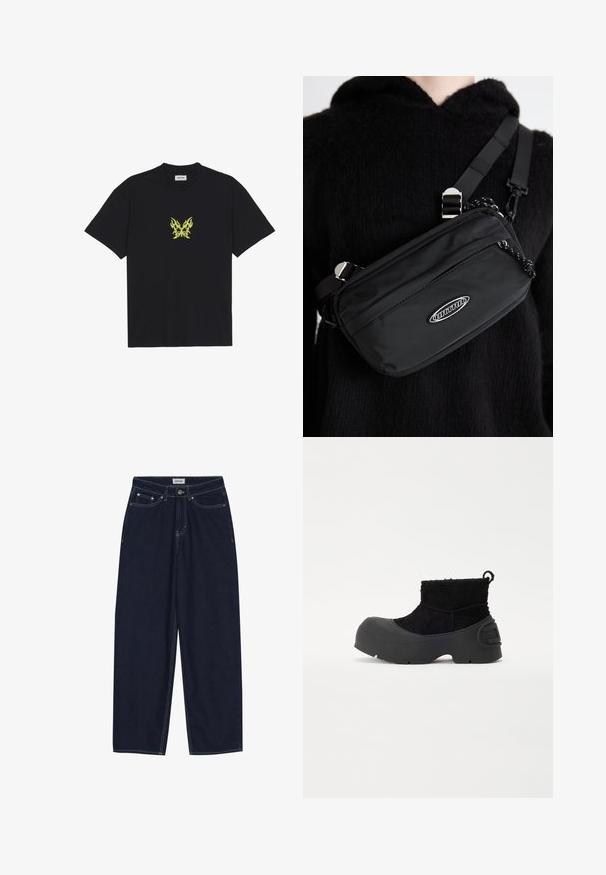 Fekete pamut póló, kicsi, sárga lángmintázatú pillangó grafikával a mellkason. Kerek nyakkivágás, rövid ujjak.; Sötétkék farmer széles szárú nadrág kontrasztos varrással, elülső zsebekkel és gombos záródással. Tiszta, egyenes vonalú szabás díszítés nélkül.; Fekete bokacsizmák textúrázott felsőrésszel és gumis elülső résszel. Tömeges talppal és egy hurkokkal a könnyű felhúzás érdekében. Egyszerű dizájn, matt felülettel.; Fekete nylon keresztpántos táska állítható pánttal, sima textúrával, elülső cipzáras zsebbel és logóval díszítve.