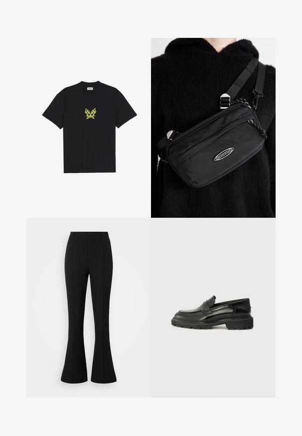 Tricou din bumbac negru, cu un grafic mic sub formă de fluture cu un model de flacără galbenă pe piept. Gât rotund, mâneci scurte.; Pantaloni negri evazați, realizați dintr-un material elastic, cu o textură netedă, talie înaltă și detalii cu cusături pe partea din față.; Pantofi slip-on din piele neagră cu vârf rotund, talpă groasă texturată și detalii subtile de cusătură. Au un logo mic pe spate.; Geantă de umăr din nailon negru, cu curea ajustabilă, având o textură netedă, un buzunar frontal cu fermoar și un accent cu logo.