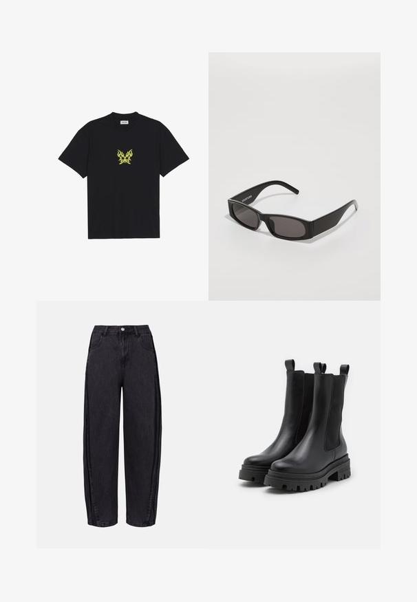 Sort bomull T-skjorte med et lite, gult flamme-mønster av en sommerfugl på brystet. Rund hals, korte ermer.; Sorte vide benbukser laget av denim med en jevn tekstur. Har høy midje, frontlommer og knappelukking i midjen.; Sorte lærankelstøvler med elastiske sidepaneler og pull-tabs. Kraftige gummisoner med dybe mønstre for bedre trækkraft.; Sorte rektangulære solbriller med mørke linser, en glatt plastikkramme og en subtil logo på venstre arm. Minimalistisk design.