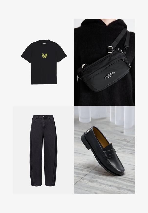 Černé bavlněné tričko s malým grafikou motýla se vzorem žlutých plamenů na hrudi. Kulatý výstřih, krátké rukávy.; Černé široké džíny vyrobené z denimu s hladkou texturou. Mají vysoký pas, přední kapsy a zapínání na knoflík v pase.; Černé kožené mokasíny s hladkým povrchem, zdobené dekorativním prošíváním a vystouplým akcentem na špičce, umístěné na mramorovém povrchu.; Černá nylonová krosbody taška s nastavitelným popruhem, s hladkou texturou, přední kapsou na zip a akcentem loga.