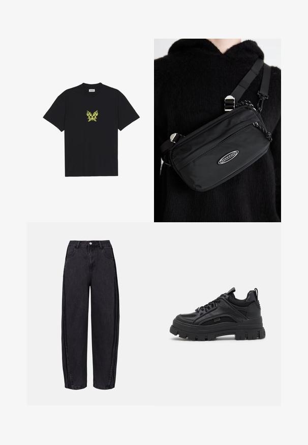 Must musta t-särk, millel on rinnal väike kollane leekidega liblika graafika. Ümmargune kaelus, lühikesed varrukad.; Mustad laiad teksapüksid, mis on valmistatud siledast denimist. Omavad kõrget taljejoont, esikotte ja nööpe kinnitamist talje ümber.; Mustad mustad spordijalatsid, mis koosnevad nahast ja võrkmaterjalist, paksema tallaga, paeltega kinnitamisega ja tagumise tõmbeaasaga.; Musthave musta nailonkott rihmaga, millel on reguleeritav rihm, siledapinnaline tekstuur, eespool tõmblukuga tasku ja logo aktsent.