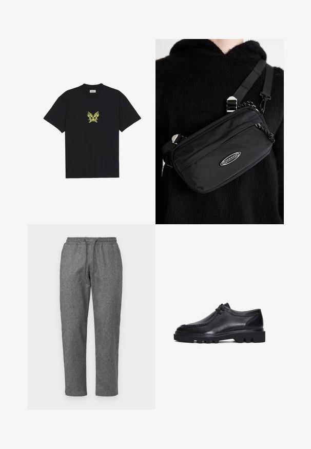Zwarte katoenen t-shirt met een kleine gele vlinderafbeelding met vlampatroon op de borst. Ronde halslijn, korte mouwen.; Grijze, gebreide sweatpants met een trekkoord in de taille, taps toelopende pijpen en een subtiel textuurpatroon door de stof.; Zwarte lederen schoenen met een ronde neus, gestikte details en een dikke, robuuste zool met kenmerkende groeven. Eenvoudig vetersluiting ontwerp.; Zwarte nylon crossbody tas met een verstelbare schouderriem, met een gladde textuur, een voorzak met rits en een logo-accent.