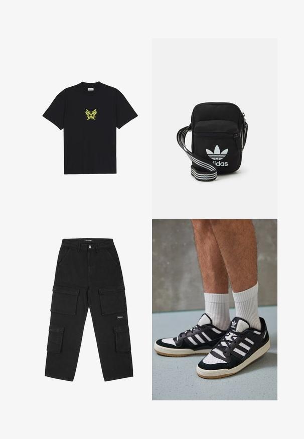 T-shirt de algodão preto com um pequeno gráfico de borboleta em padrão de chama amarela no peito. Decote redondo, mangas curtas.; Pegador PENARD - Calças cargo - black; Ténis em preto e branco com upper em camurça e couro, apresentando três riscas brancas, um toe perfurado e uma sola em borracha de goma.; Sacolinha transversal de tecido preto com fecho de zíper, apresentando um logo da Adidas em branco e uma alça ajustável listrada para facilitar o transporte.