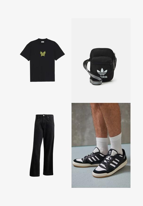 Melnā kokvilnas T-kreklā ir neliels dzeltenu liesmu rakstā veidots tauriņš uz krūšu daļas. Ar apaļu kakla izgriezumu, īsām piedurknēm.; Melnas džinsu auduma bikses ar taisnu kāju dizainu, kas piedāvā priekšējās kabatas, pogu aizdari un nelielu tekstūru. Iekļauta smalka logotipa detaļa.; Melnas un baltas kedas ar zamša un ādas augšdaļu, kas aprīkotas ar trim baltām svītrām, perforētu purngali un gumijas zolēm.; Melna auduma crossbody soma ar rāvējslēdzēja aizdari, kurai ir balts Adidas logo un svītrainas regulējamas siksnas ērtiem pārvietošanās veidiem.