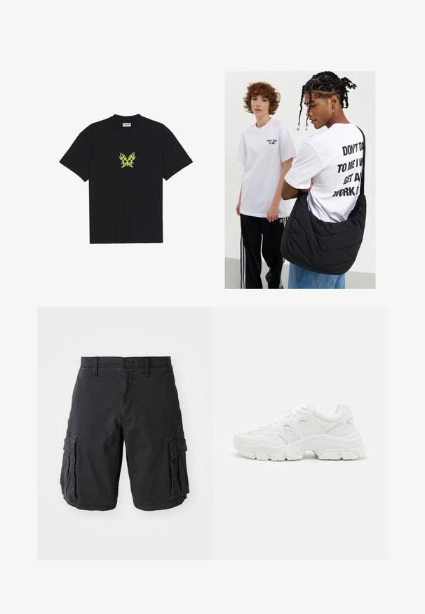 Mustat puuvillapaitat, joissa on pieni keltainen liekkikuvioinen perhonen rintaosassa. Pyöreä kaula-aukko, lyhyet hihat.; Mustat cargo-shortsit, jotka on valmistettu puuvillasta ja joissa on useita sivutaskuja, nappikiinnitys ja rento istuvuus. Tasainen rakenne ja tukevat saumat.; Valkoiset urheilukengät, joissa on verkkopinta ja nahkaosiin, teksturoitu kumipohja sekä muhkea muotoilu, jossa on huomattavat kaaret.; Musta pehmeätekstuurinen tikattu olkalaukku, jota kantaa henkilö valkoisessa graafisessa T-paidassa, jossa on rohkeaa tekstiä. Rentoa asustusta, jossa on farkut.