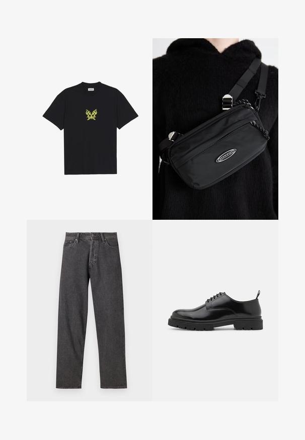 Sort bomulds t-shirt med et lille, gult flamme-mønsteret sommerfugl grafik på brystet. Rund halsudskæring, korte ærmer.; Svarte denim jeans med lige ben, fem-lommers design og subtil udslyngning. Har en knaplukning og bæltestropper.; Sorte læder snørebåndssko med en afrundet tå, glat overflade og ribbet gummisål. Har en lille hæl og en løkke bagpå.; Sort nylon crossover taske med justerbar strop, featuring en glat tekstur, en front lynlåslomme og et logo akcent.