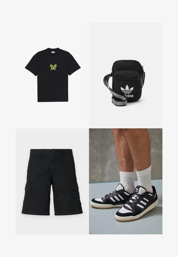 T-shirt en coton noir avec un petit graphique de papillon à motif flammes jaunes sur la poitrine. Encolure ronde, manches courtes.; Shorts cargo noirs en tissu léger ; dotés de deux poches latérales et de deux poches à rabat ; design droit avec une coupe ample.; Baskets noir et blanc avec une tige en suède et cuir, comportant trois rayures blanches, un bout perforé et une semelle en caoutchouc gum.; Sac bandoulière noir en tissu avec fermeture éclair, arborant un logo Adidas blanc et une sangle réglable rayée pour un port facile.
