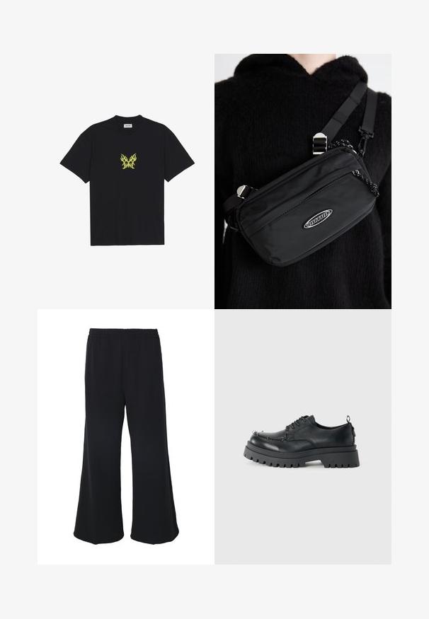 Černé bavlněné tričko s malým grafikou motýla se vzorem žlutých plamenů na hrudi. Kulatý výstřih, krátké rukávy.; Weekday GABRIEL LOOSE TROUSERS - Kalhoty - black; Černá robustní kožená šněrovací bota s tlustou odolnou podrážkou a metalovými očky v oblasti prstů, vyfocena na jednobarevném světlém pozadí.; Černá nylonová krosbody taška s nastavitelným popruhem, s hladkou texturou, přední kapsou na zip a akcentem loga.