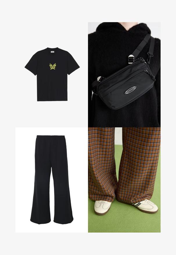 Crna pamučna majica s grafikom leptira u malom žutom plamenu na prsima. Okrugli izrez, kratki rukavi.; Weekday GABRIEL LOOSE TROUSERS - Hlače - black; Smeđe i plave karirane široke hlače uparene s bijelim cipelama s crnim akcentima i teksturiranim potplatom, na zelenoj pozadini.; Crna najlon crossbody torba s podesivom trakom, koja se odlikuje glatkom teksturom, prednjim džepom na patentni zatvarač i logotipom kao akcentom.