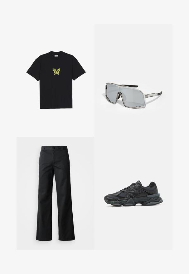 Sort bomull T-skjorte med et lite, gult flamme-mønster av en sommerfugl på brystet. Rund hals, korte ermer.; Sorte vide benbukser i et glat stof. Har en knaplukning, bæltestropper og sidelommer. Ren, skræddersyet silhuet.; Svart løpesko med en blanding av mesh og syntetiske materialer, chunky såle, buet design og fremtredende merkevare på siden.; Solsunger med gjennomsiktig ramme, grå linser, rektangulær form, gummiforsterkede stenger og justerbare nesepads.