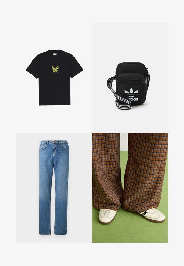 Čierne bavlnené tričko s malým grafickým motívom žltej motýlice v tvare plameňa na hrudi. S okrúhlym výstrihom a krátkymi rukávmi.; Svetlomodré džínsové nohavice so strihom rovného nohu, ktoré majú päť vreciek, pútka na opasok a dvojité švy pozdĺž švov.; Hnedé a modré kárované nohavice s širokými nohavicami skombinované s bielymi topánkami s čiernymi akcentmi a textúrovanými podrážkami, umiestnené na zelenom pozadí.; Čierna textilná crossbody taška so zipsovým uzáverom, ktorá má biele logo Adidas a pruhovaný nastaviteľný popruh pre jednoduché nosenie.