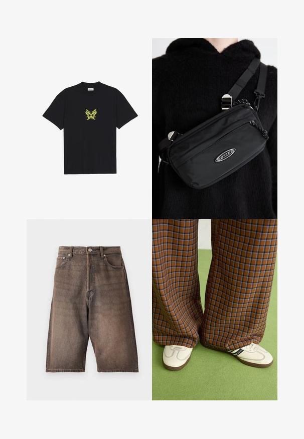 Sort bomulds t-shirt med et lille, gult flamme-mønsteret sommerfugl grafik på brystet. Rund halsudskæring, korte ærmer.; Denim shorts i en falmet brun farve med en lige snit. Har fem lommer, bæltestropper og en knappelukning i taljen.; Brune og blå ternede brede benbukser parret med hvide sko med sorte accenter og strukturerede såler, sat mod en grøn baggrund.; Sort nylon crossover taske med justerbar strop, featuring en glat tekstur, en front lynlåslomme og et logo akcent.
