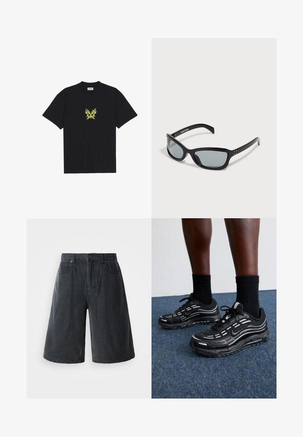 T-shirt de algodão preto com um pequeno gráfico de borboleta em padrão de chama amarela no peito. Decote redondo, mangas curtas.; Calções de ganga em cinza escuro, com um corte descontraído, cinco bolsos e uma cintura com passadores para cinto. O material tem uma textura suave.; Os sapatos pretos da Nike apresentam um upper em malha com riscas de destaque, atacadores texturizados e uma sola de borracha preta. Usados com meias pretas caneladas.; Óculos de sol pretos com um design elegante e angular. Apresenta lentes cinzas e armações de plástico brilhantes. Inclui pequenos detalhes em metal e marcação no braço.