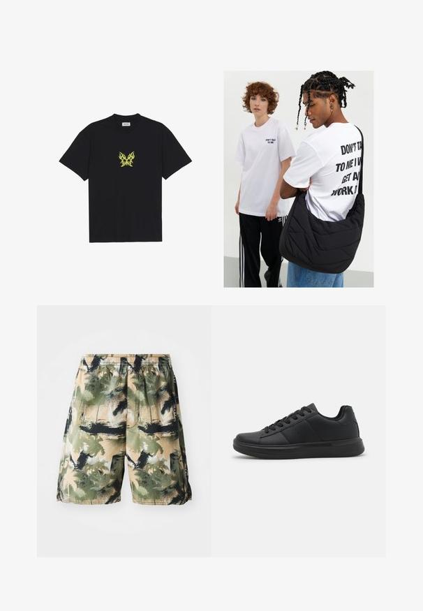 Černé bavlněné tričko s malým grafikou motýla se vzorem žlutých plamenů na hrudi. Kulatý výstřih, krátké rukávy.; Pánské plavky s lehkým, prodyšným materiálem a tropickým palmám vzorem v zelených, černých a béžových barvách. Součástí je elastický pas.; Černé tenisky vyrobené z syntetické kůže s hladkým povrchem, plochou gumovou podrážkou, zaoblenou špičkou a šesti otvory na tkaničky.; Černá prošívaná taška na rameno s měkkou texturou, kterou má na sobě osoba v bílém grafickém tričku s výrazným textem. Neformální oblečení s džíny.
