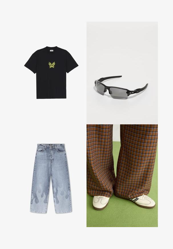 Juodas medvilnės marškinėliai su mažuoju geltonu ugnies rašto drugeliu ant krūtinės. Apvalus kaklas, trumpi rankovės.; Šviesiai mėlynos džinsinės kelnės su plačiu kirpimu; pasižymi subtiliu liepsnos raštu šviesesnėje spalvoje ant apatinių kojų. Klasikinis penkių kišenių dizainas.; Rudos ir mėlynos langelinės plačios kelnės, derinamos su baltais batais su juodais akcentais ir tekstūruotais padais, prieš žalią foną.; Juodi sportiniai saulės akiniai su pilkais objektyvais, lenkta rėmo konstrukcija ir logotipu ant šono. Pagaminti iš lengvos plastikinės medžiagos.