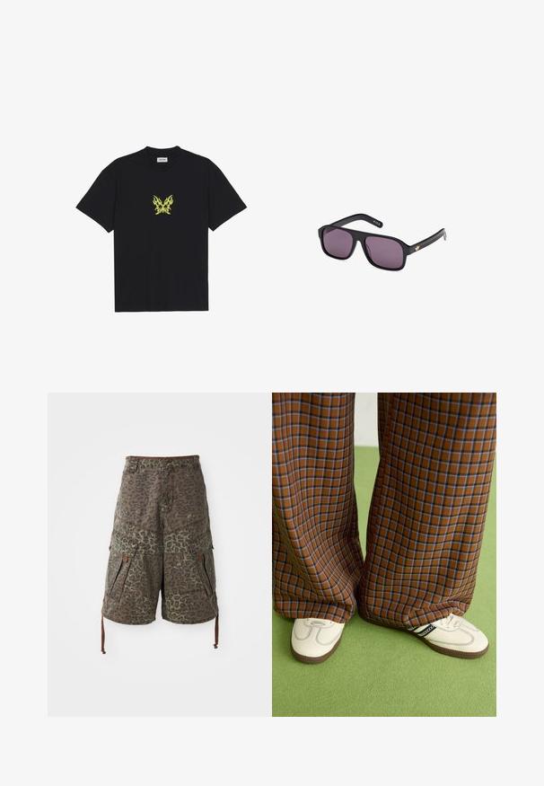 Black cotton t-shirt featuring a small, yellow flame-patterned butterfly graphic on the chest. Crew neckline, short sleeves.; Camo cargo shorts in green and brown with leopard print, featuring multiple pockets, adjustable drawstrings, and reinforced stitching details.; Brown and blue plaid wide-leg trousers paired with white shoes featuring black accents and textured soles, set against a green background.; Black sunglasses with a square frame, dark lenses, and a gold logo accent on the arm. Smooth plastic material with a matte finish.