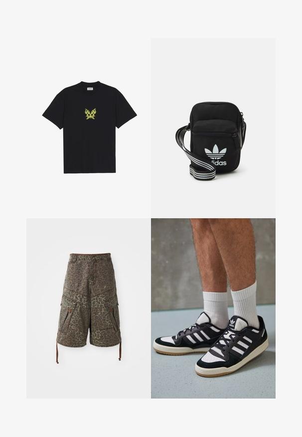 Must musta t-särk, millel on rinnal väike kollane leekidega liblika graafika. Ümmargune kaelus, lühikesed varrukad.; Roheline ja pruun leopardimustriga kamuflaažige mööda laia vöökohta kulgevate säärepoiste lühikesed püksid, mis on varustatud mitme taskuga, reguleeritavate nööridega ja tugevdatud õmblustega.; Mustvalged ja valged spordijalatsid, mille pealmine osa on valmistatud suede'ist ja nahast. Kingadel on kolm valget riba, auguline varvas ja kummist tald.; Mustmust värvi risti koti, millel on tõmblukuga sulgemine, valge Adidas'i logo ja triibuline reguleeritav rihm mugavaks kandmiseks.