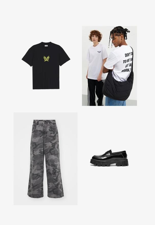 Crna pamučna majica s grafikom leptira u malom žutom plamenu na prsima. Okrugli izrez, kratki rukavi.; Široke traperice s kamuflažnim uzorkom u nijansama sive, izrađene od denima, s dva bočna džepa i visokim strukom. Teksturalna tkanina s printanim uzorkom.; Crne kožne mokasine s debelim gumiranim potplatom, dekorativnom trakom preko gornjeg dijela i kontrastnim bijelim šavovima. Glatka tekstura s zaobljenim prstima.; Crna jastučićasta torba preko ramena sa mekom teksturom, koju nosi osoba u bijelom grafičkom majici s podebljanim natpisom. Ležerna kombinacija s trapericama.