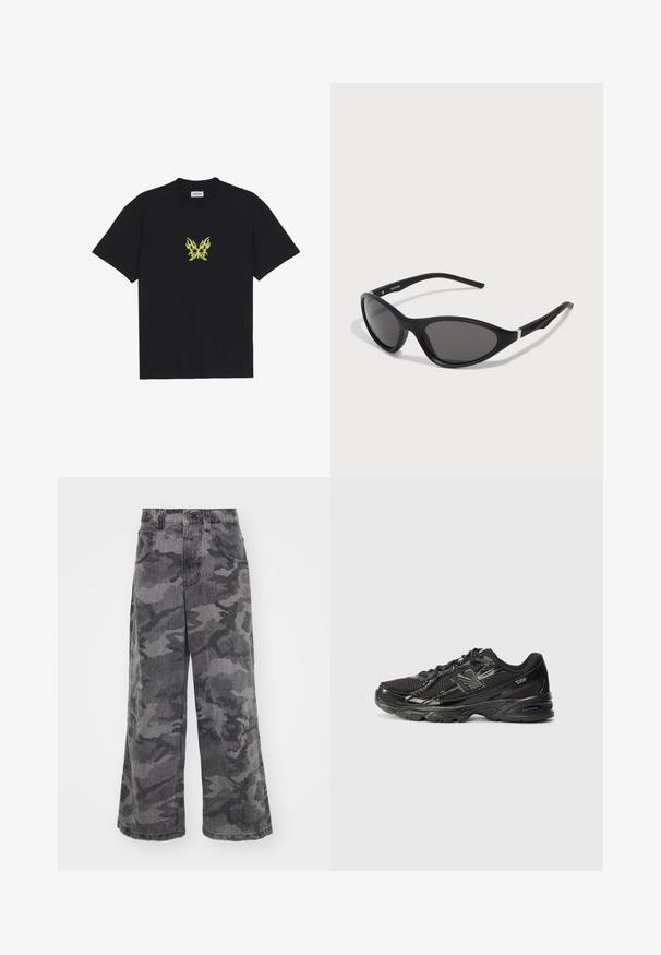 Black cotton t-shirt featuring a small, yellow flame-patterned butterfly graphic on the chest. Crew neckline, short sleeves.; Wide-leg camouflage jeans in shades of gray, made of denim, featuring two side pockets and a high waist design. Textured fabric with a printed pattern.; Black athletic shoe with mesh and synthetic materials, featuring a rounded toe, lace-up front, textured sole, and reflective accents.; Black cat-eye sunglasses with sleek, matte frames, dark lenses, and silver accents on the temples. Modern design with a sharp shape.