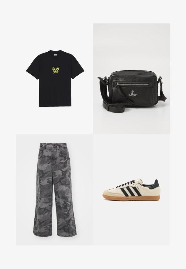 Sort bomull T-skjorte med et lite, gult flamme-mønster av en sommerfugl på brystet. Rund hals, korte ermer.; Videbukser med kamuflasje-mønster i grå nyanser, laget av denim, med to sidelommer og høy midje-design. Teksturert stoff med trykket mønster.; Beige idrettssko med svarte striper, gummigummi yttersåle og svarte detaljer. Har en glatt lær overdel og en avrundet tådesign.; Svart skinn crossbody-veske med teksturert overflate, sølvfarget tilbehør, toppglidelås og justerbar stropp. Har en logo på forsiden.