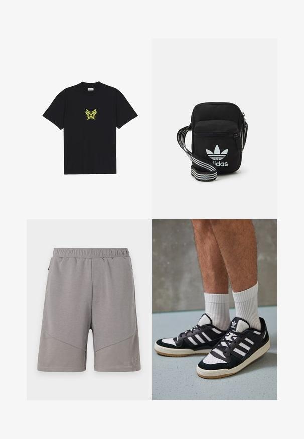 Zwarte katoenen t-shirt met een kleine gele vlinderafbeelding met vlampatroon op de borst. Ronde halslijn, korte mouwen.; Grijze sportshorts met een elastische tailleband, voorzien van een gestructureerd onderste paneel en een gladde bovenkant.; Zwart-witte sneakers met een bovenwerk van suede en leer, voorzien van drie witte strepen, een geperforeerde neus en een rubberen gumzool.; Zwarte stoffen schoudertas met een ritssluiting, voorzien van een wit Adidas-logo en een gestreepte, verstelbare schouderband voor gemakkelijk dragen.