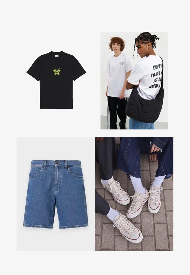 Μαύρη βαμβακερή μπλούζα με κοντά μανίκια που διαθέτει μια μικρή γραφική απεικόνιση μιας κίτρινης πεταλούδας με σχέδιο φλόγας στο στήθος. Στρογγυλή λαιμόκοψη, κοντά μανίκια.; Τζιν σορτσάκι σε μεσαίο μπλε χρώμα με κλασική γραμμή. Διαθέτει πέντε τσέπες, κλείσιμο με μεταλλικό κουμπί και αντίθετη ραφή στις άκρες.; Μπεζ καμβά παπούτσια με κόκκινες λεπτομέρειες και λευκές ελαστικές σόλες. Χειρόκλειδες και θηλιές ορατές, τοποθετημένα δίπλα σε λευκές κάλτσες και τζιν πάνω σε άσφαλτο.; Μαύρη εξώισθηση τσάντα με επένδυση, με μαλακή υφή, φορεμένη από ένα άτομο με μπλούζα λευκή graphic με έντονο κείμενο. Χαλαρή ενδυμασία με τζιν.