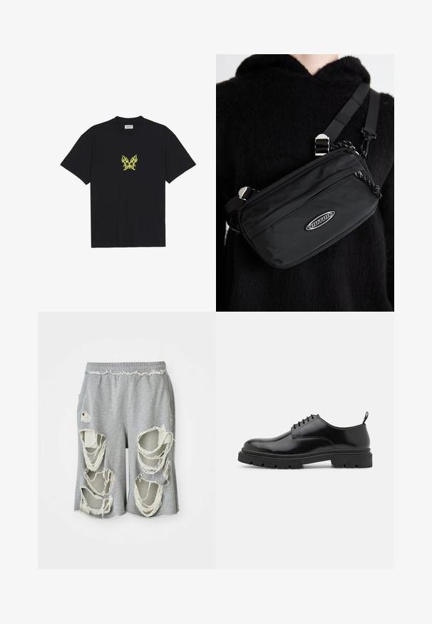 Čierne bavlnené tričko s malým grafickým motívom žltej motýlice v tvare plameňa na hrudi. S okrúhlym výstrihom a krátkymi rukávmi.; Sivé bavlnené šortky s výraznými roztrhnutými miestami a rozstrapkanymi okrajmi. Majú elastický pás a voľný strih.; Čierne kožené šnurovacie topánky s okrúhlym špičkou, hladkou textúrou a ryhovanou gumovou podrážkou. Obsahujú malý podpätok a úchytku na zadnej strane.; Čierna nylonová crossbody taška s nastaviteľným popruhom, s hladkou textúrou, predným zipsovým vreckom a akcentom loga.