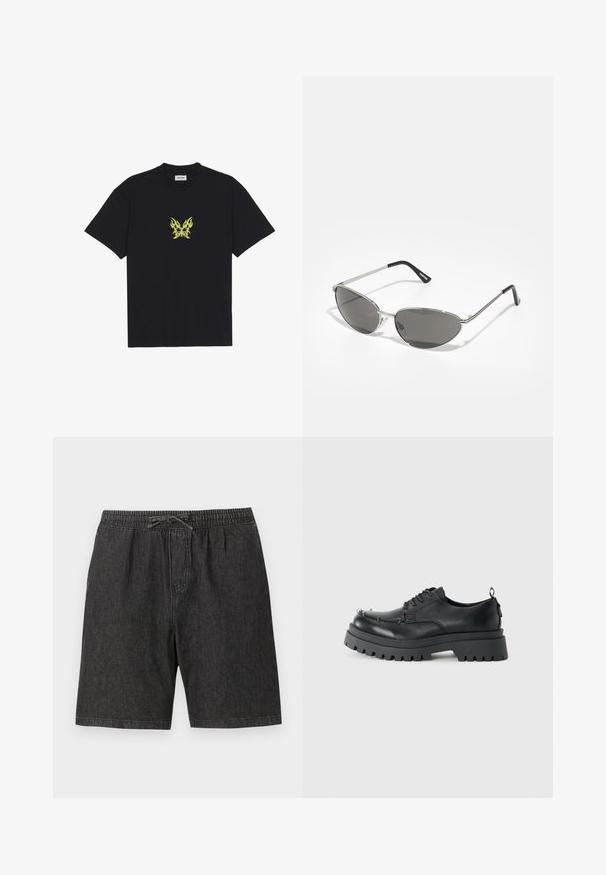 T-shirt en coton noir avec un petit graphique de papillon à motif flammes jaunes sur la poitrine. Encolure ronde, manches courtes.; Shorts en denim noir avec une taille élastique et un cordon de serrage ajustable. Comprend des poches latérales et une coupe ample et décontractée.; Chaussure noire en cuir épais à lacets avec semelle robuste et œillets en métal au niveau des orteils, photographiée sur un fond clair et uni.; Lunettes de soleil avec une monture en métal argenté élégant, des verres teintés gris et un design aérodynamique avec des bords pointus et des branches fines.