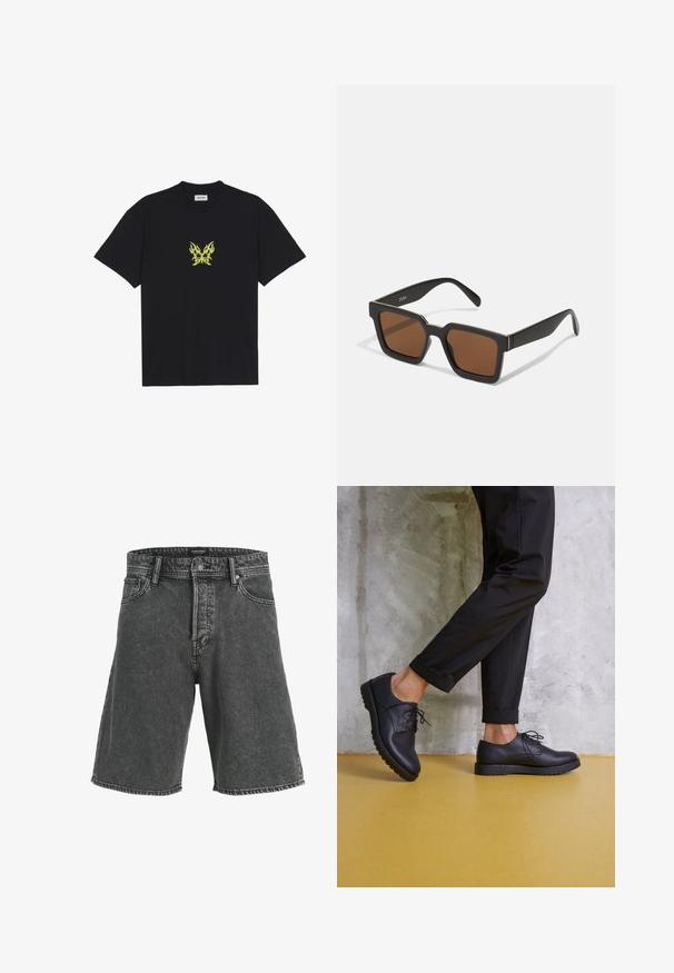 Black cotton t-shirt featuring a small, yellow flame-patterned butterfly graphic on the chest. Crew neckline, short sleeves.; Black denim shorts with a relaxed fit, featuring a button closure, two front pockets, and a subtle faded pattern. Classic five-pocket design.; Black leather lace-up shoes with a rounded toe, textured surface, and thick rubber sole. Worn with rolled black trousers against a concrete background.; Black square sunglasses with brown lenses, featuring a matte finish and gold accents on the frame. The design is angular with wide arms.
