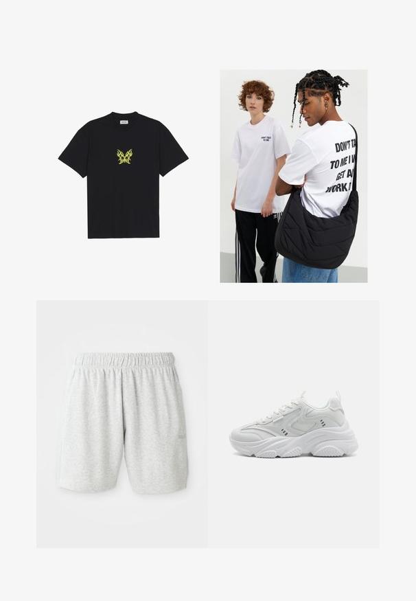 Μαύρη βαμβακερή μπλούζα με κοντά μανίκια που διαθέτει μια μικρή γραφική απεικόνιση μιας κίτρινης πεταλούδας με σχέδιο φλόγας στο στήθος. Στρογγυλή λαιμόκοψη, κοντά μανίκια.; Γκρι βελούδινες σορτς από βαμβάκι με ελαστική μέση, που διαθέτουν ομαλή υφή και πλαϊνές τσέπες. Διακριτική λεπτομέρεια λογότυπου στο στρίφωμα.; Λευκά αθλητικά παπούτσια με υφή στο επάνω μέρος, μαλακή γλώσσα και χοντρή σόλα. Τα σχεδιαστικά χαρακτηριστικά περιλαμβάνουν καμπύλες γραμμές και μικρές λεπτομέρειες στα πλάγια.; Μαύρη εξώισθηση τσάντα με επένδυση, με μαλακή υφή, φορεμένη από ένα άτομο με μπλούζα λευκή graphic με έντονο κείμενο. Χαλαρή ενδυμασία με τζιν.