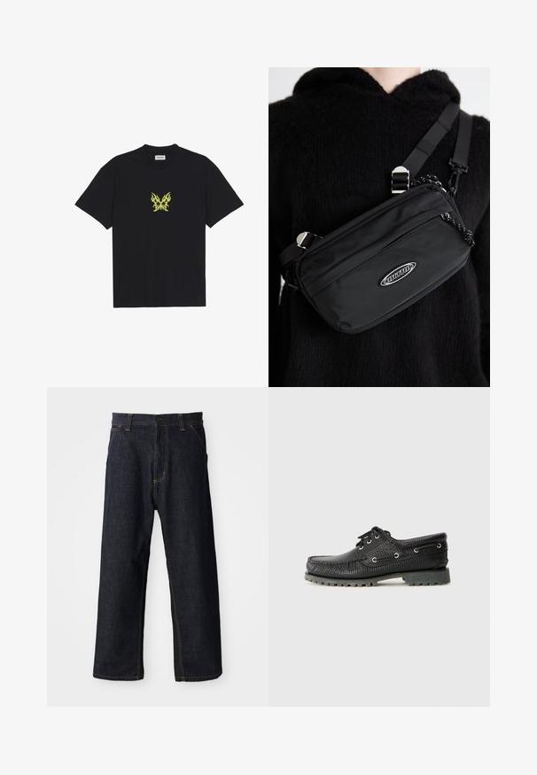 Svart bomulls t-shirt med en liten, gul flammönstrad fjärilsgraphic på bröstet. Rundad halsringning, korta ärmar.; Mörkblå denimbyxor med rak bendesign, med gula sömmar, framfickor och en knappstängning i midjan.; Svart texturerad snörsko med rund tå, metallöglor och en robust grå gummisula. Har ett vävt mönster på ovandelen.; Svart nylon crossbody-väska med justerbar rem, med en slät textur, en framficka med dragkedja och en logotypdetalj.