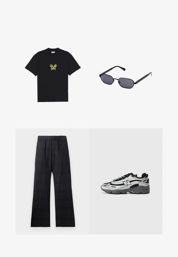 T-shirt en coton noir avec un petit graphique de papillon à motif flammes jaunes sur la poitrine. Encolure ronde, manches courtes.; Pantalons écossais noirs avec une taille élastique, une coupe évasée, un tissu texturé et un subtil motif à carreaux sur toute la surface.; Baskets de sport argent et noir avec une tige en mesh, une semelle rembourrée, un design à lacets, et un détail de marque sur le côté.; Guess UNISEX - Lunettes de soleil - shiny black