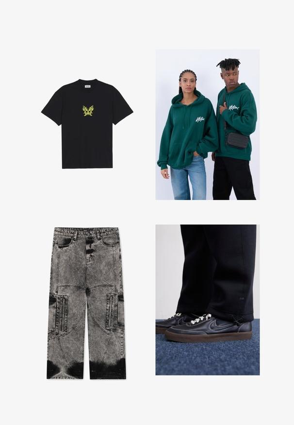 Juodas medvilnės marškinėliai su mažuoju geltonu ugnies rašto drugeliu ant krūtinės. Apvalus kaklas, trumpi rankovės.; FAVELA BIG POCKET - Laisvi džinsai - black acid washed; Nike Sportswear KILLSHOT 2 LTR PRM OPP2 - Sportbačiai - black sail baroque brown mtlc dk grey; Žalios gobtuvu džemperiai su priekinėmis kišenėmis, laisvas fasonas. Vienas modelis dėvi juodus džinsus, kitas neša juodą per petį maišą.