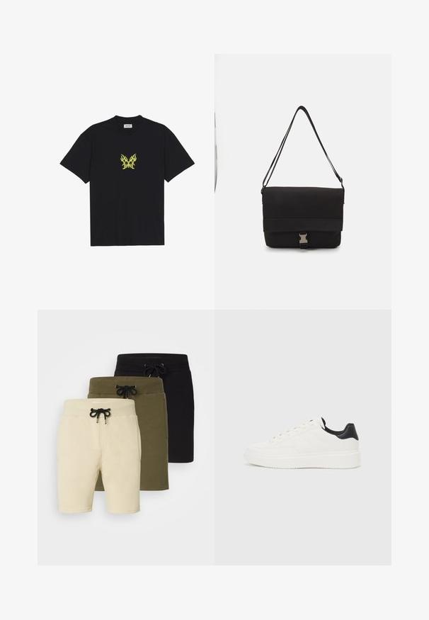 Sort bomull T-skjorte med et lite, gult flamme-mønster av en sommerfugl på brystet. Rund hals, korte ermer.; Tre par shorts i beige, olivengrønn og svart. Hver av dem har elastisk midje med snor og lommer, laget av et mykt og stretchy stoff.; Hvit lær sneaker med preget mønster, teksturert hvit mellomsole og svart hælakkent. Har rund tå og flate lisser.; Svart budveske laget av glatt materiale, med en klaff som kan legges over, sølvfarget spenne og en justerbar skulderrem.