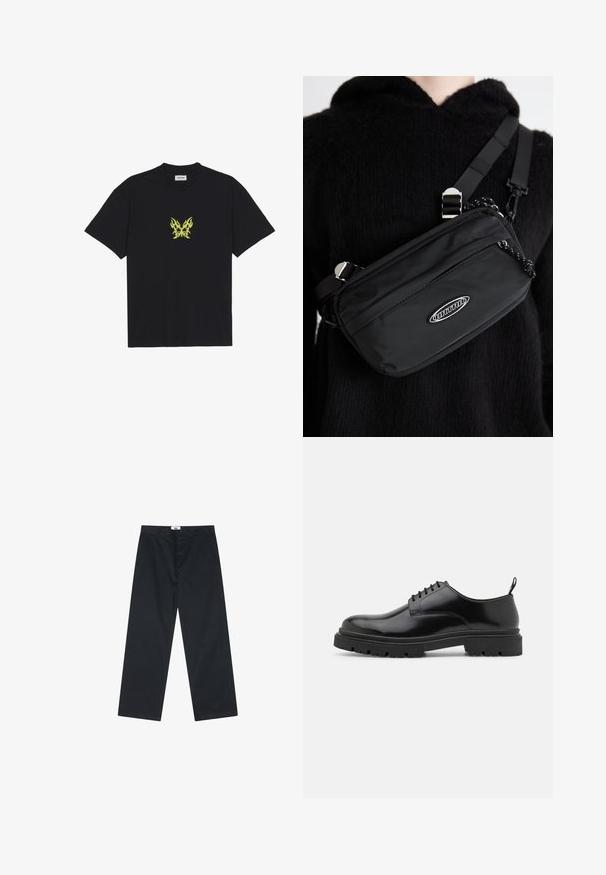 Čierne bavlnené tričko s malým grafickým motívom žltej motýlice v tvare plameňa na hrudi. S okrúhlym výstrihom a krátkymi rukávmi.; Čierne bavlnené nohavice s rovnými nohavicami, s gombíkovým zapínaním a jednoduchým pásom. Bez vzorov alebo ďalších akcentov.; Čierne kožené šnurovacie topánky s okrúhlym špičkou, hladkou textúrou a ryhovanou gumovou podrážkou. Obsahujú malý podpätok a úchytku na zadnej strane.; Čierna nylonová crossbody taška s nastaviteľným popruhom, s hladkou textúrou, predným zipsovým vreckom a akcentom loga.