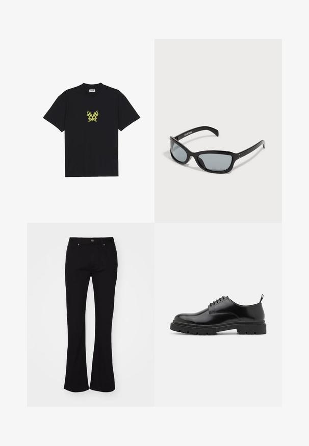 Black cotton t-shirt featuring a small, yellow flame-patterned butterfly graphic on the chest. Crew neckline, short sleeves.; Black high-waist flared jeans with front button and five-pocket design, displayed on a white background.; Black leather lace-up shoes with a rounded toe, smooth texture, and ridged rubber sole. Features a small heel and a pull tab at the back.; Black sunglasses with a sleek, angular design. Features grey lenses and shiny plastic frames. Includes small metal accents and branding on the arm.