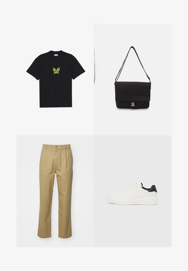 Black cotton t-shirt featuring a small, yellow flame-patterned butterfly graphic on the chest. Crew neckline, short sleeves.; Light brown, straight-leg trousers made of cotton. Features a button closure, front pleats, and side pockets. Smooth texture.; White leather sneaker with embossed pattern, textured white midsole, and black heel accent. Features rounded toe and flat laces.; Black messenger bag made of smooth material, featuring a fold-over flap, silver clasp hardware, and an adjustable shoulder strap.