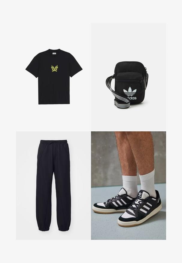 Mustat puuvillapaitat, joissa on pieni keltainen liekkikuvioinen perhonen rintaosassa. Pyöreä kaula-aukko, lyhyet hihat.; Mustat collegehousut pehmeästä kankaasta, joissa on joustava vyötärö, kiristysnauha, lahkeiden käänteet ja koristeompeleet.; Valkoiset ja mustat tennarit, joissa on mokkanahka- ja nahkapäällinen, kolme valkoista raitaa, rei'itetty kärki ja kumipohja.; Musta kangas olkalaukku vetoketjulla, jossa on valkoinen Adidas-logo ja raidallinen säädettävä hihna helppoa kantamista varten.